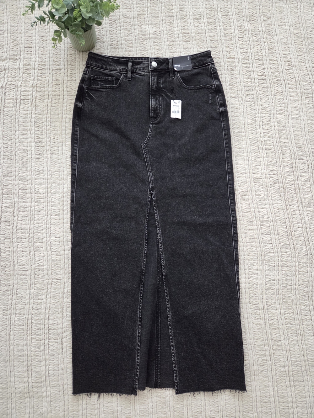 Express High Waisted Black Raw Hem Front Slit Maxi Denim Skirt NWT